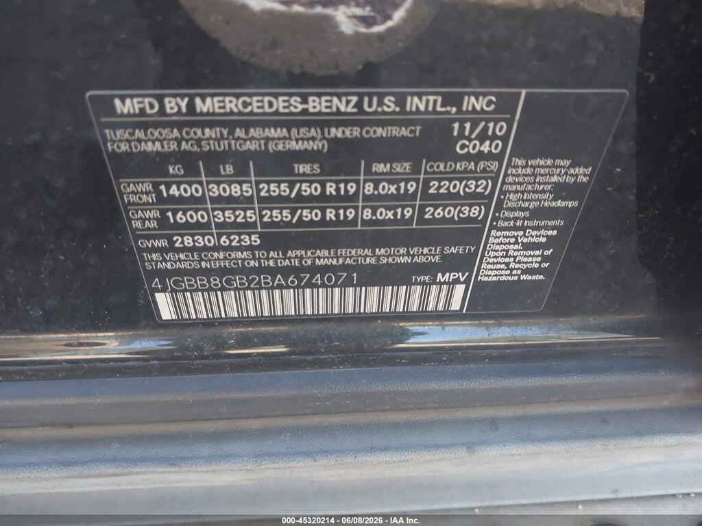 4JGBB8GB2BA674071 2011 MERCEDES-BENZ ML 350 photo no. 9