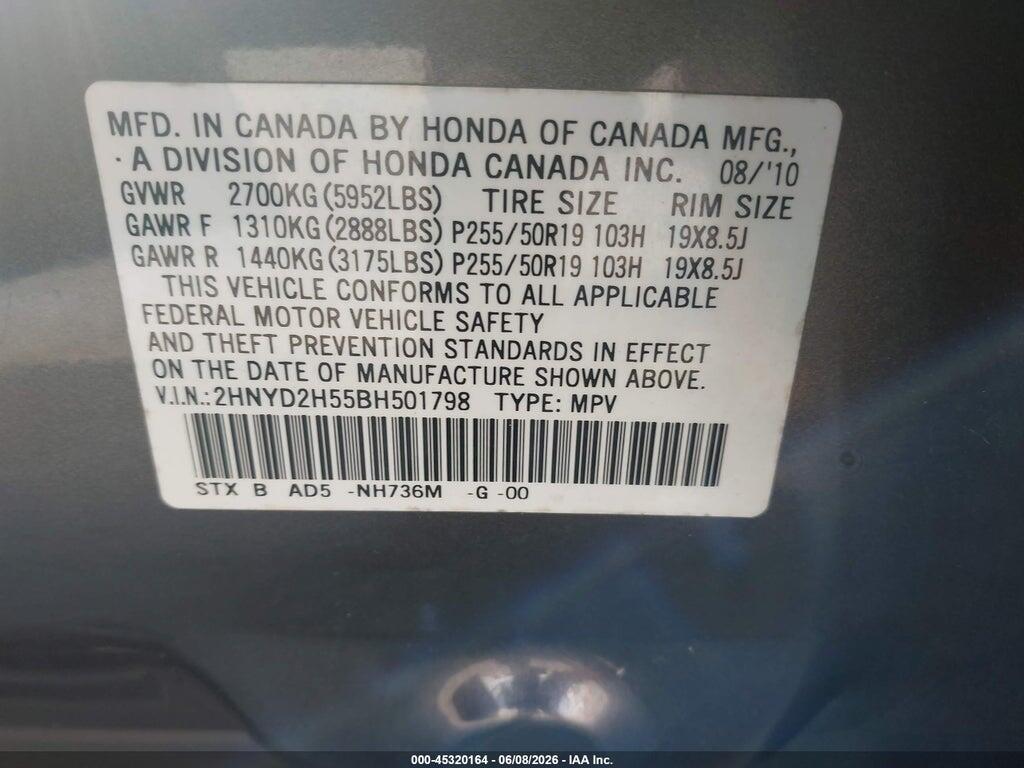 2HNYD2H55BH501798 2011 ACURA MDX photo no. 9