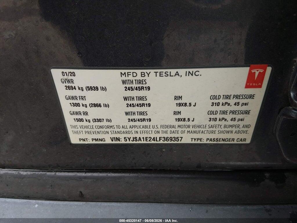 5YJSA1E24LF369357 2020 TESLA MODEL S photo no. 8