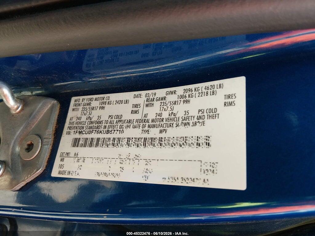 1FMCU0F76KUB57710 2019 FORD ESCAPE photo no. 9