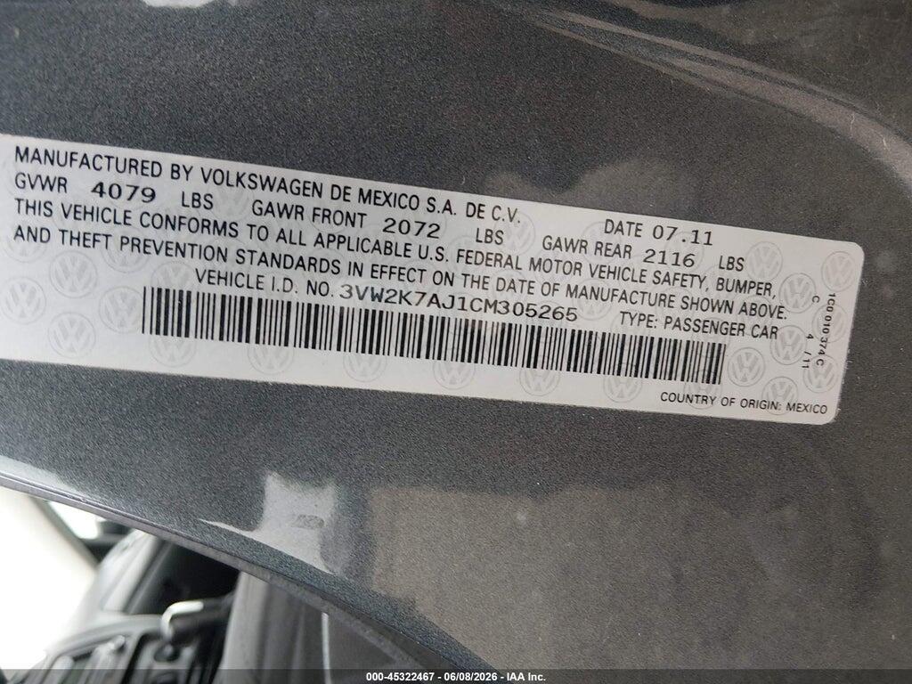 3VW2K7AJ1CM305265 2012 VOLKSWAGEN JETTA photo no. 9