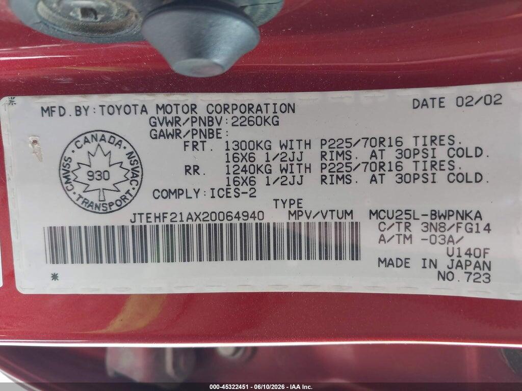 JTEHF21AX20064940 2002 TOYOTA HIGHLANDER photo no. 9