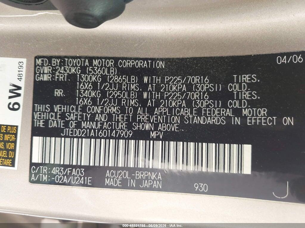 JTEDD21A160147909 2006 TOYOTA HIGHLANDER photo no. 9