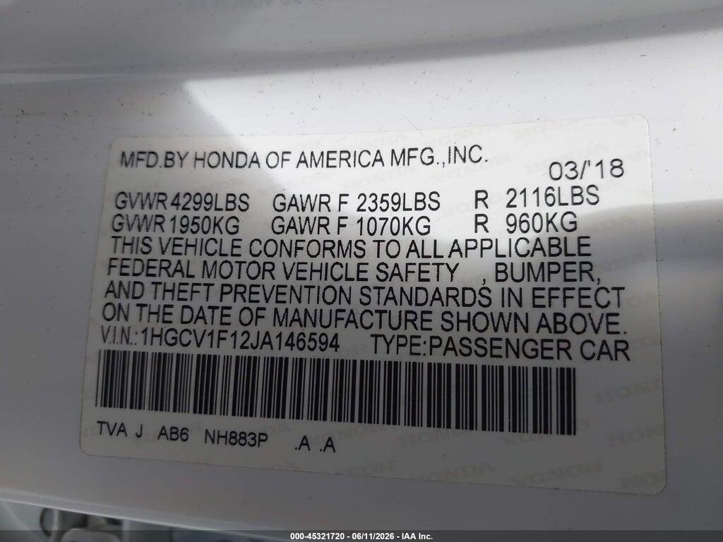 1HGCV1F12JA146594 2018 HONDA ACCORD photo no. 9