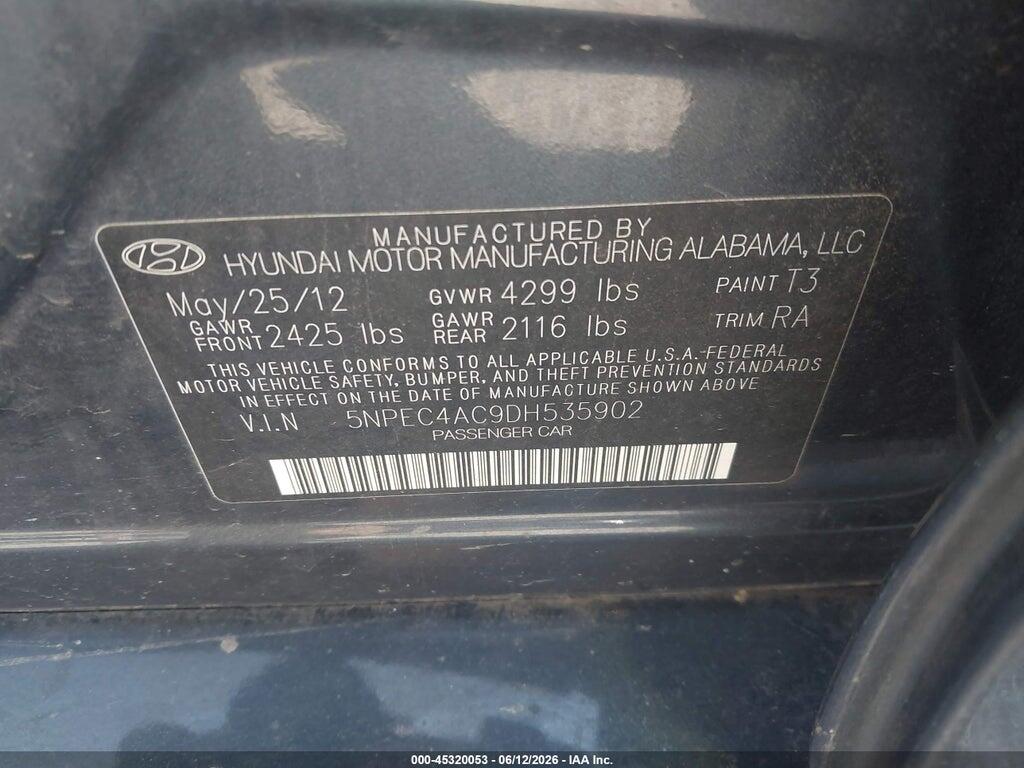 5NPEC4AC9DH535902 2013 HYUNDAI SONATA photo no. 9