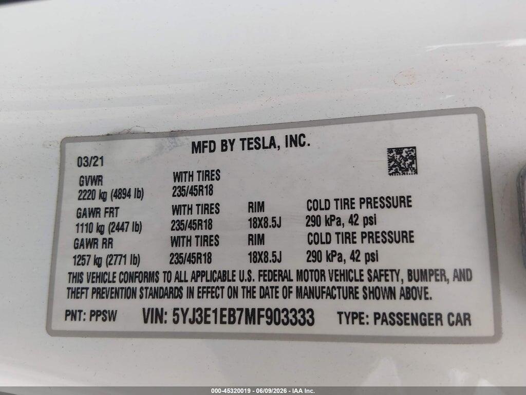 5YJ3E1EB7MF903333 2021 TESLA MODEL 3 photo no. 9