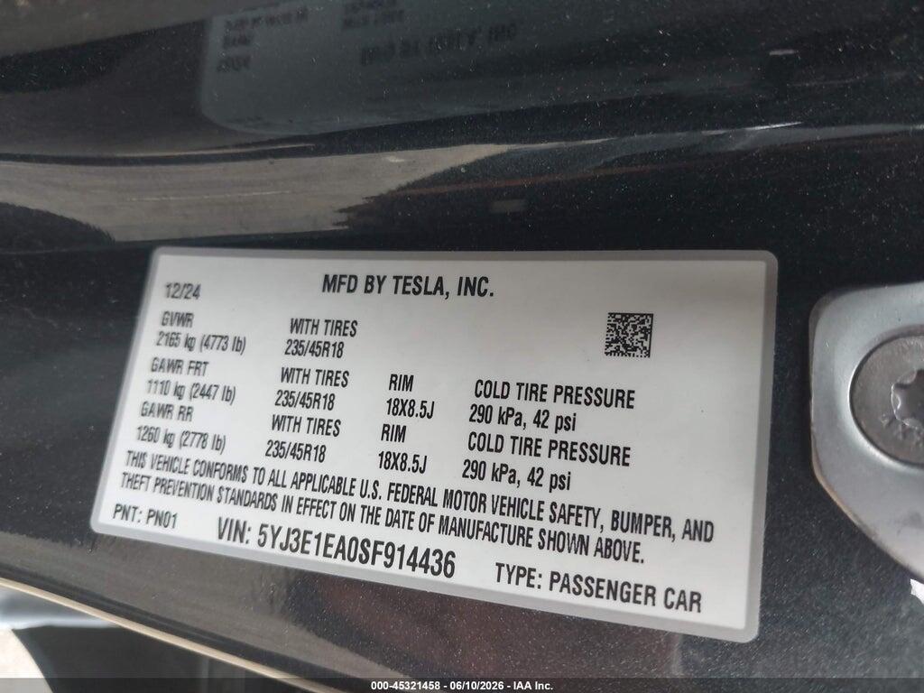 5YJ3E1EA0SF914436 2025 TESLA MODEL 3 photo no. 9