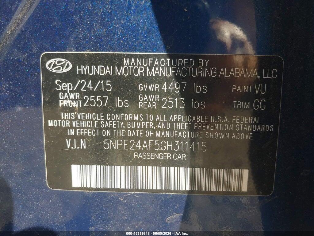 5NPE24AF5GH311415 2016 HYUNDAI SONATA photo no. 9