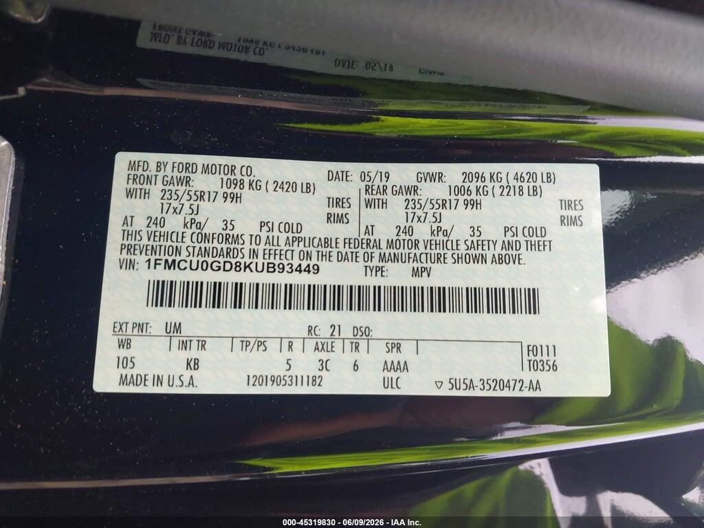 1FMCU0GD8KUB93449 2019 FORD ESCAPE photo no. 9