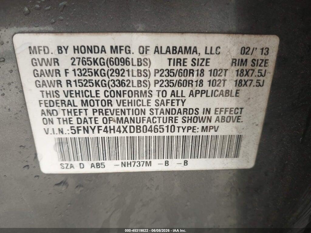 5FNYF4H4XDB046510 2013 HONDA PILOT photo no. 9