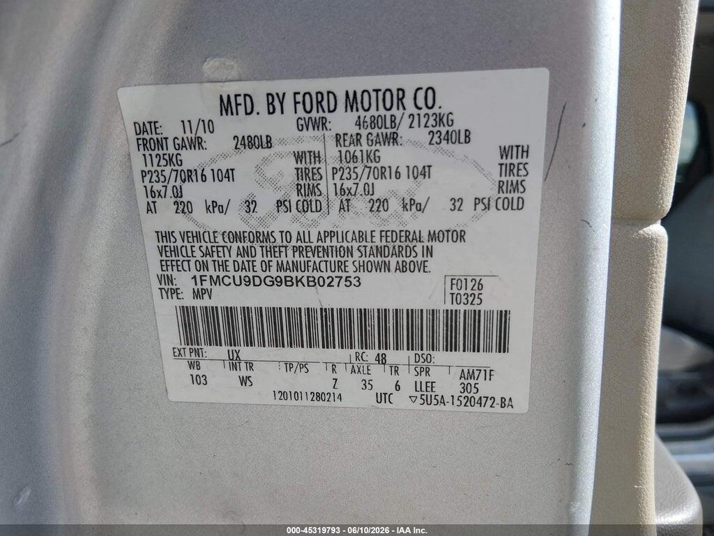 1FMCU9DG9BKB02753 2011 FORD ESCAPE photo no. 9