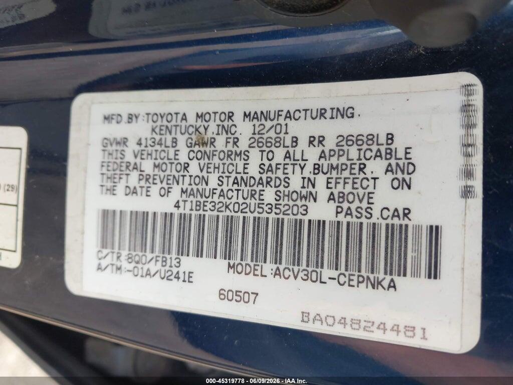 4T1BE32K02U535203 2002 TOYOTA CAMRY photo no. 9