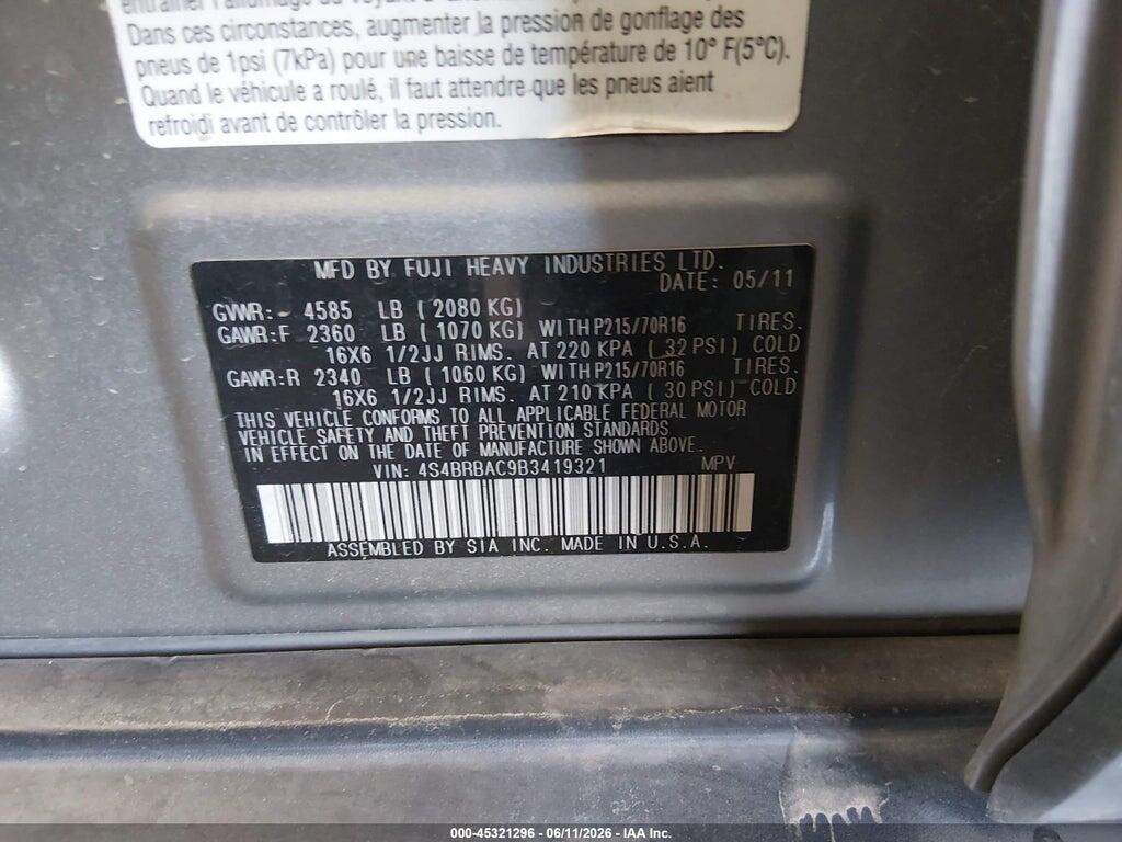 4S4BRBAC9B3419321 2011 SUBARU OUTBACK photo no. 9
