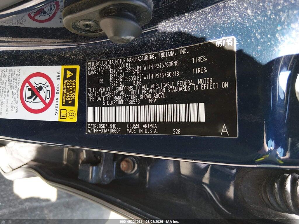 5TDJKRFH0FS166573 2015 TOYOTA HIGHLANDER photo no. 9