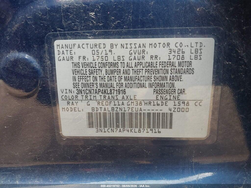 3N1CN7AP4KL871916 2019 NISSAN VERSA photo no. 9