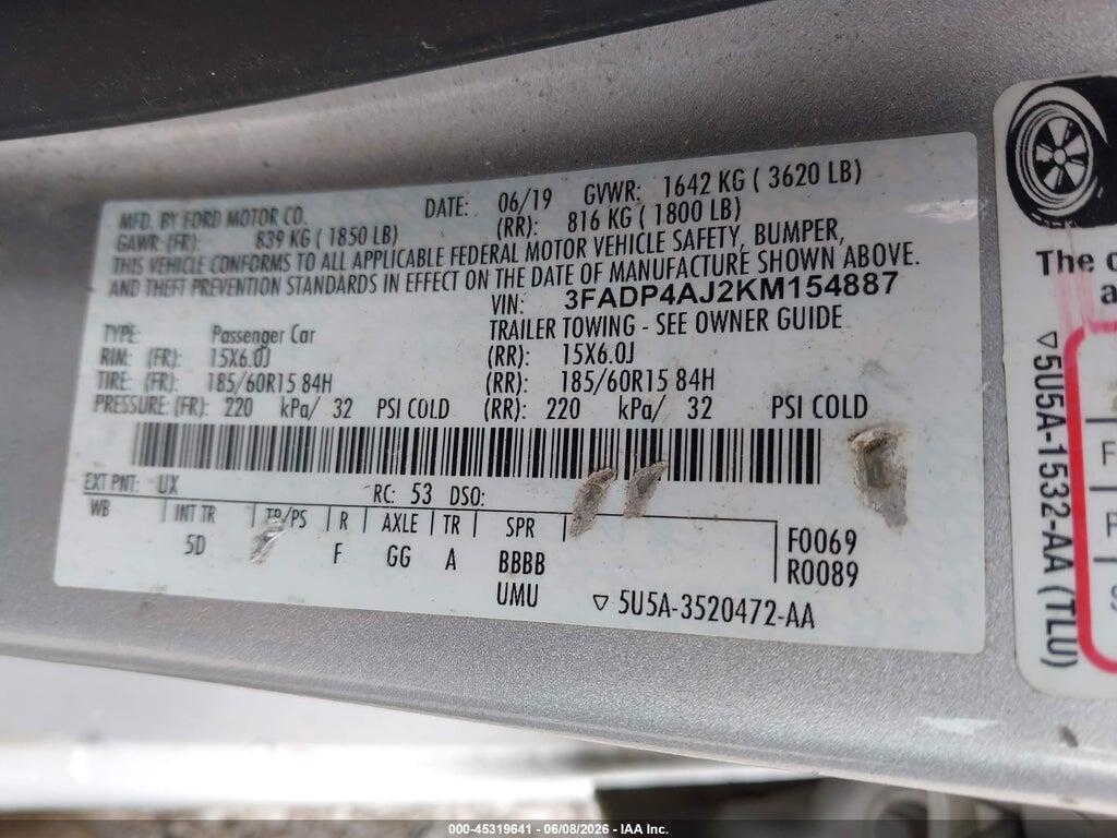 3FADP4AJ2KM154887 2019 FORD FIESTA photo no. 9