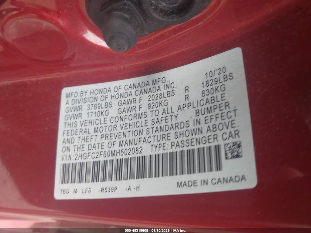 2HGFC2F60MH502082 2021 HONDA CIVIC photo no. 9