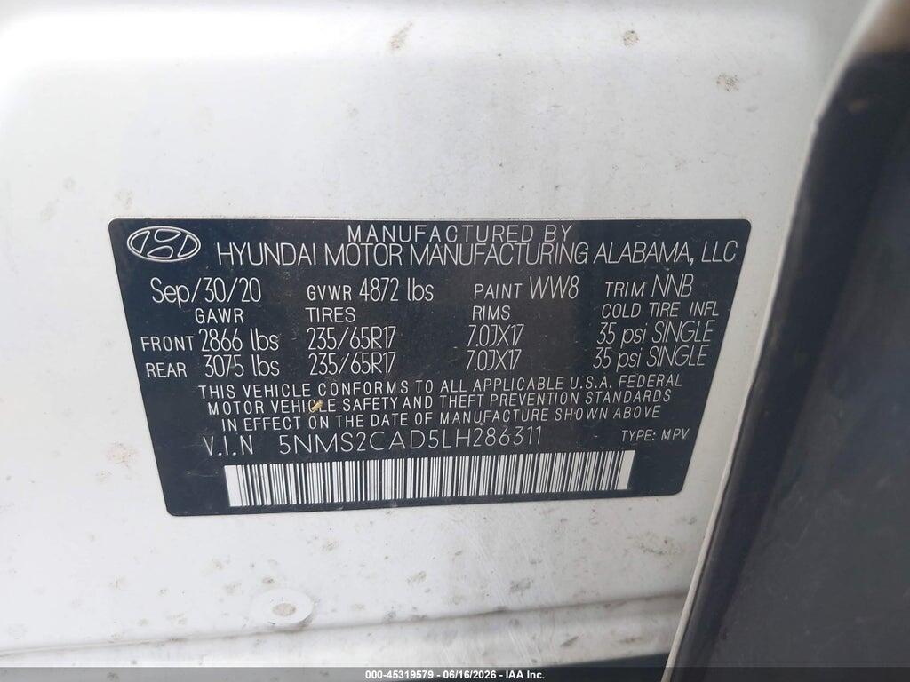 5NMS2CAD5LH286311 2020 HYUNDAI SANTA FE photo no. 9