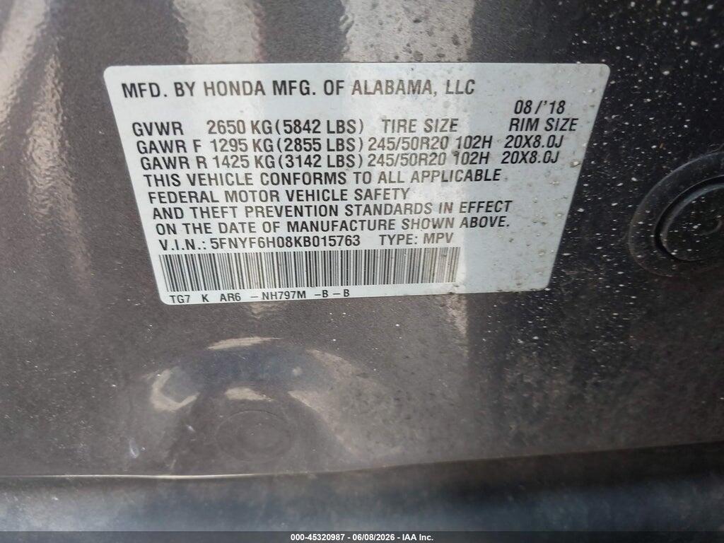 5FNYF6H08KB015763 2019 HONDA PILOT photo no. 9
