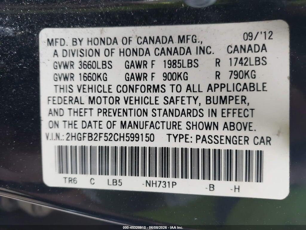 2HGFB2F52CH599150 2012 HONDA CIVIC photo no. 9