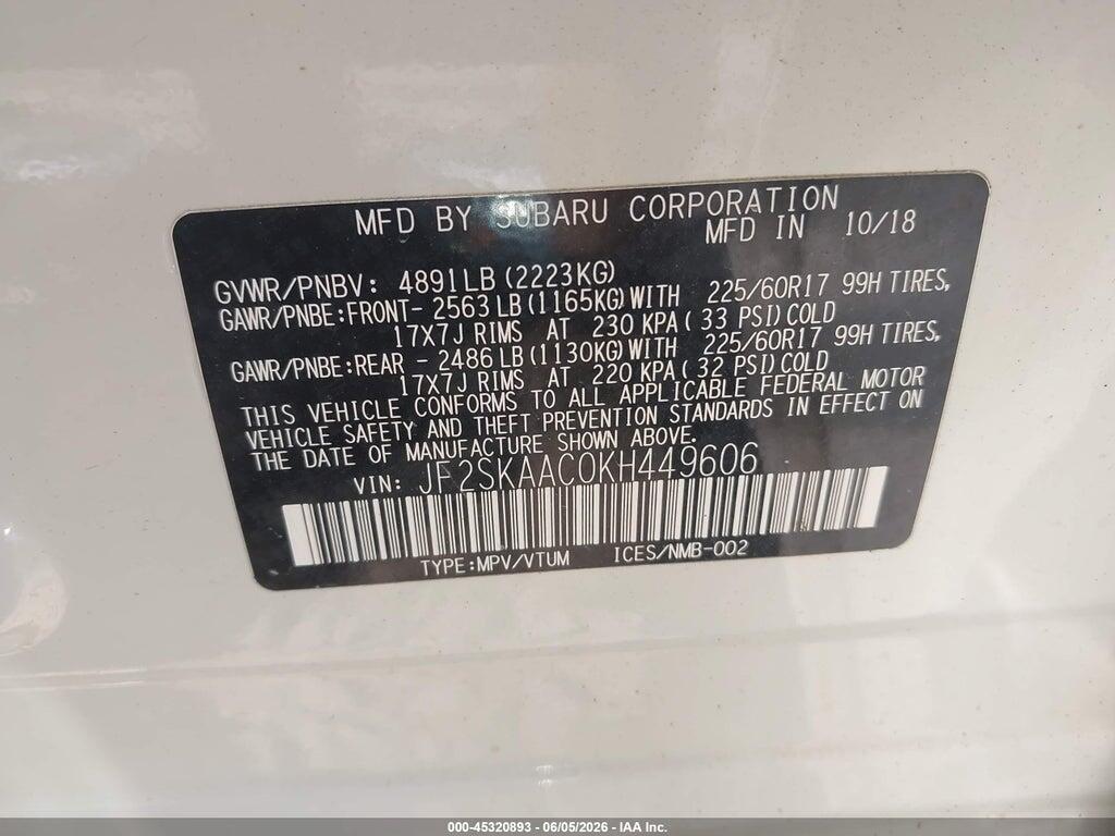 JF2SKAAC0KH449606 2019 SUBARU FORESTER photo no. 9