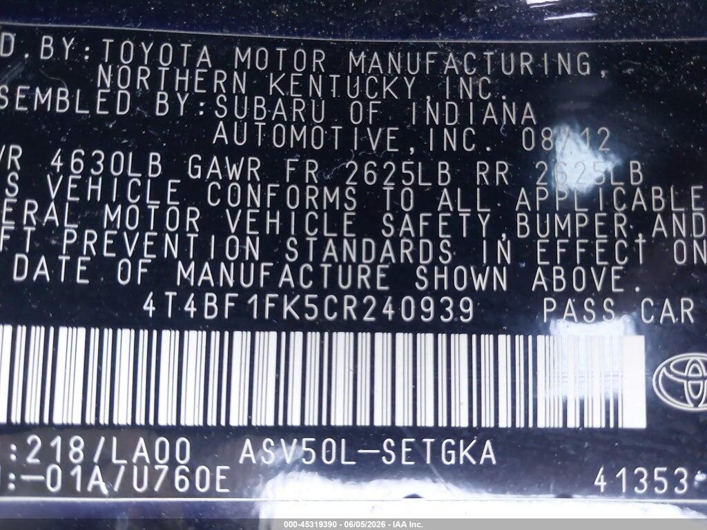 4T4BF1FK5CR240939 2012 TOYOTA CAMRY photo no. 9