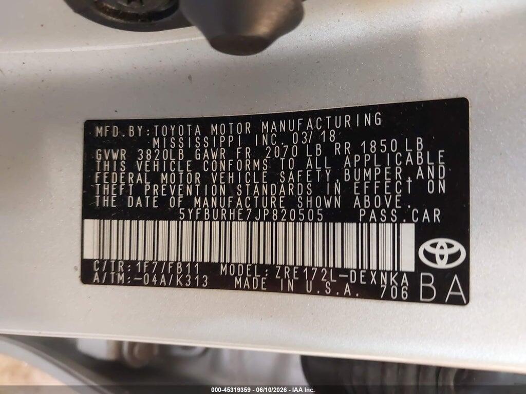 5YFBURHE7JP820505 2018 TOYOTA COROLLA photo no. 9