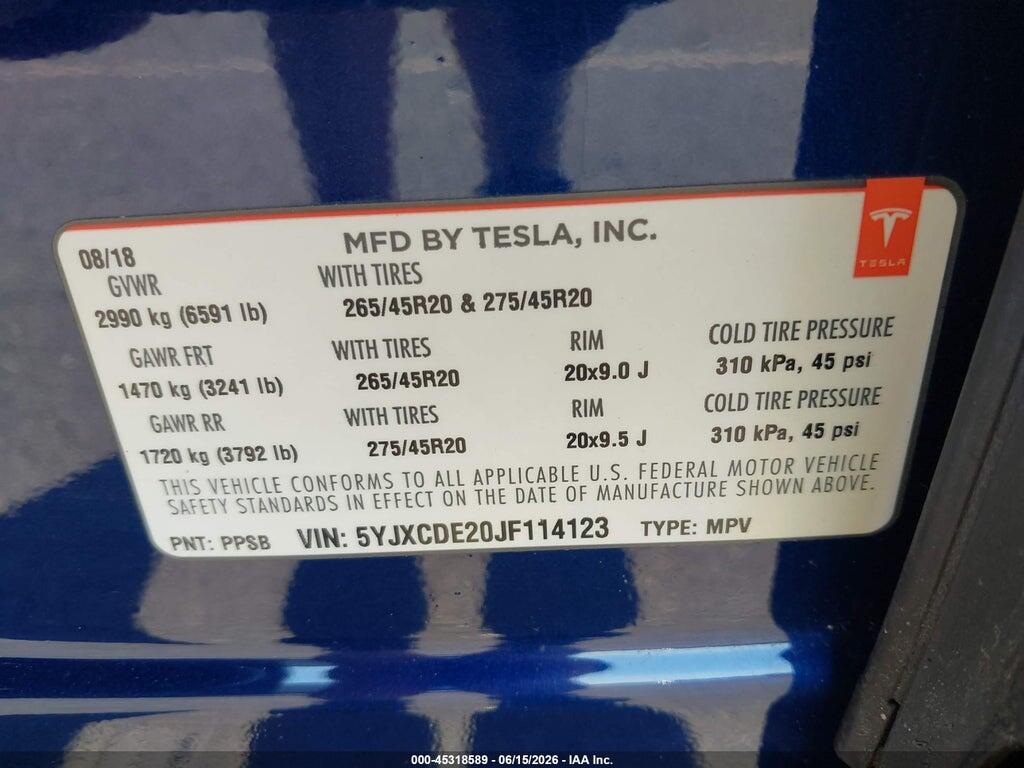 5YJXCDE20JF114123 2018 TESLA MODEL X photo no. 9