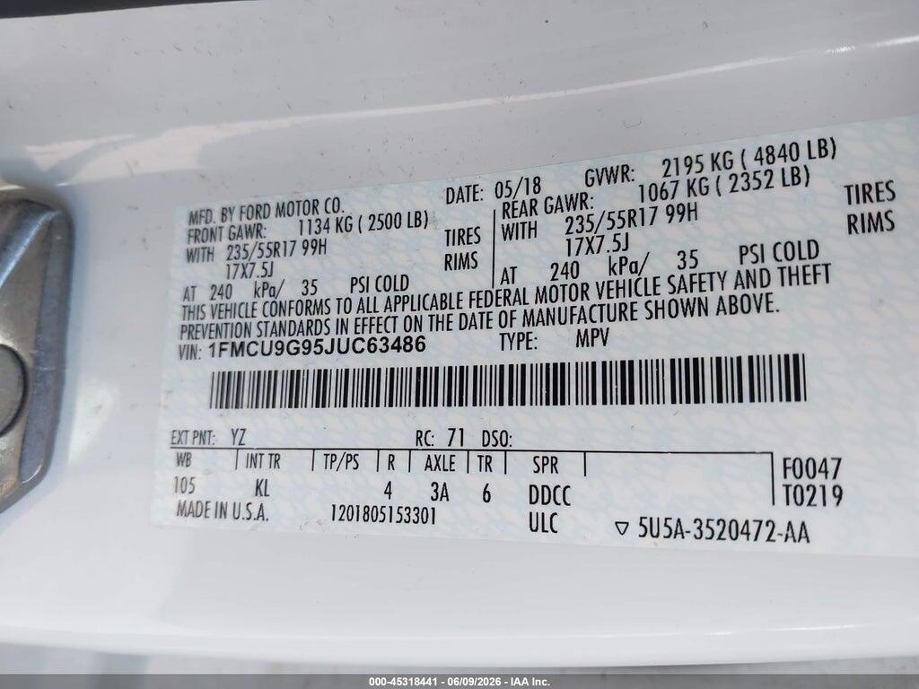 1FMCU9G95JUC63486 2018 FORD ESCAPE photo no. 9