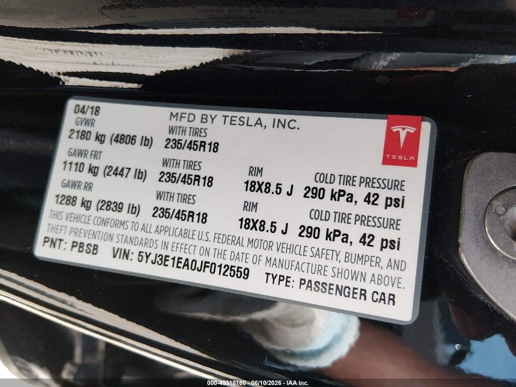 5YJ3E1EA0JF012559 2018 TESLA MODEL 3 photo no. 9