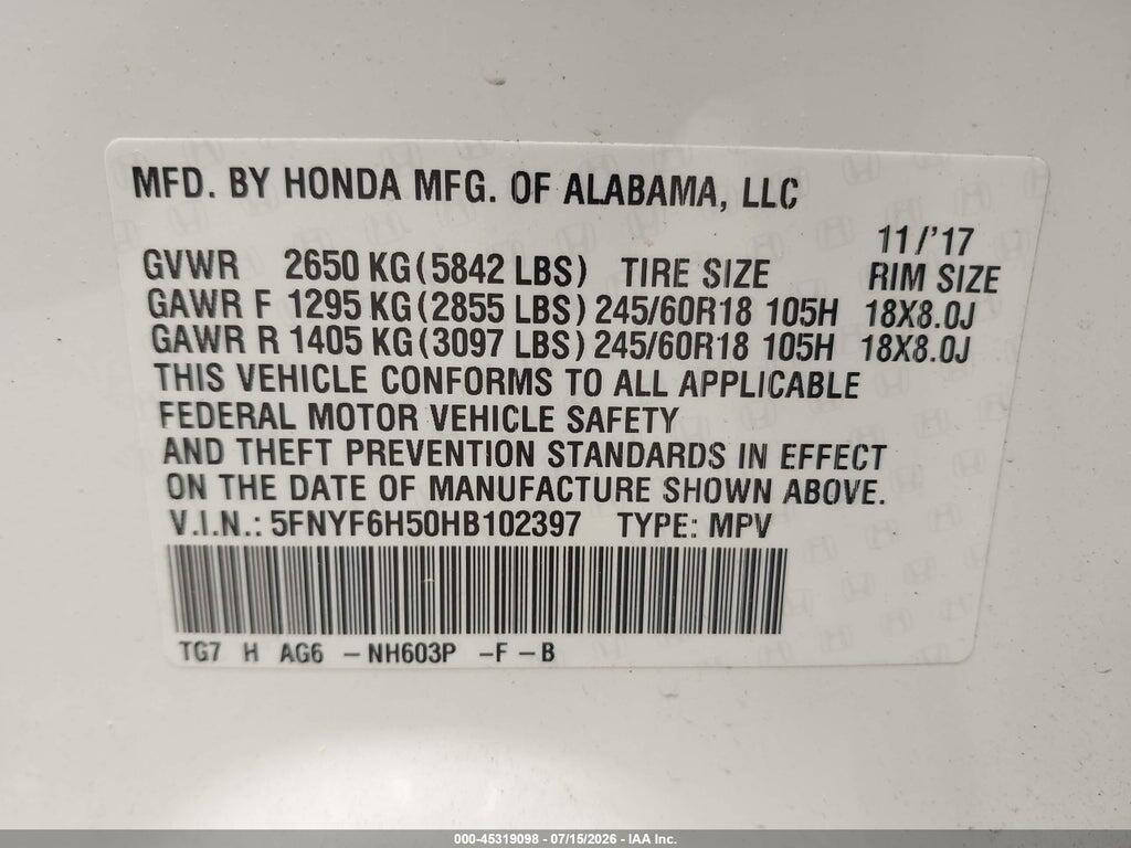 5FNYF6H50HB102397 2017 HONDA PILOT photo no. 9