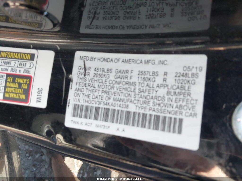 1HGCV3F54KA014338 2019 HONDA ACCORD HYBRID photo no. 9