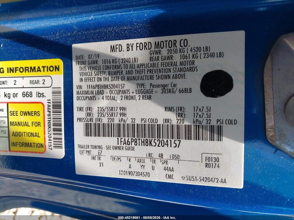 1FA6P8TH8K5204157 2019 FORD MUSTANG photo no. 9