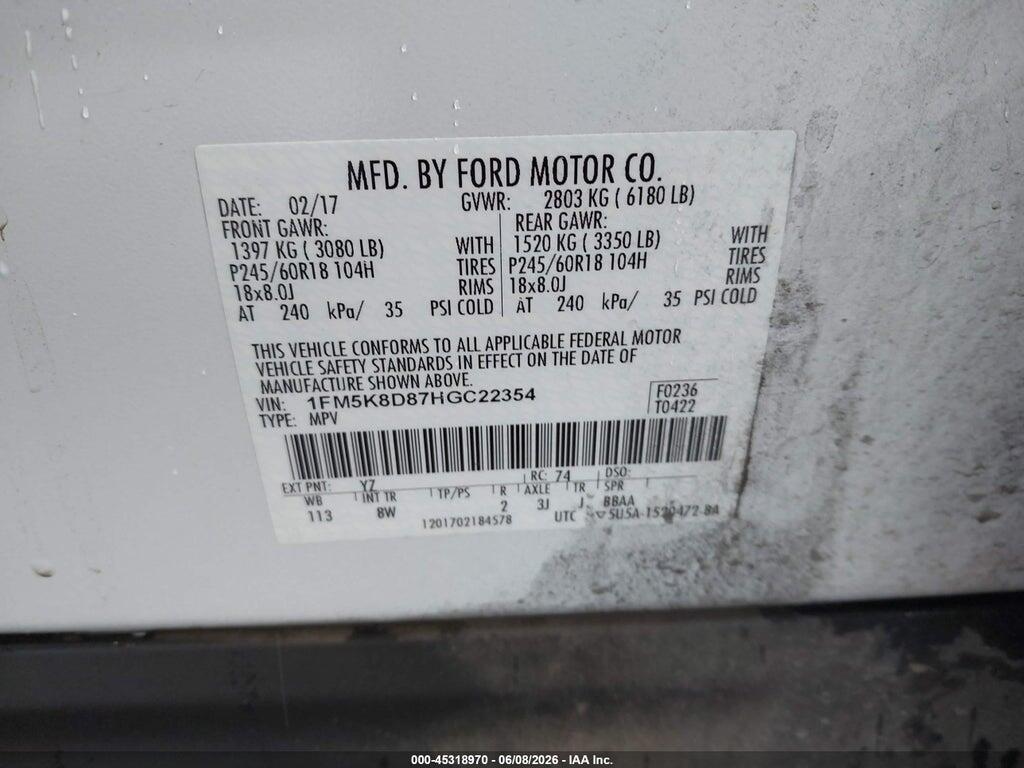 1FM5K8D87HGC22354 2017 FORD EXPLORER photo no. 9