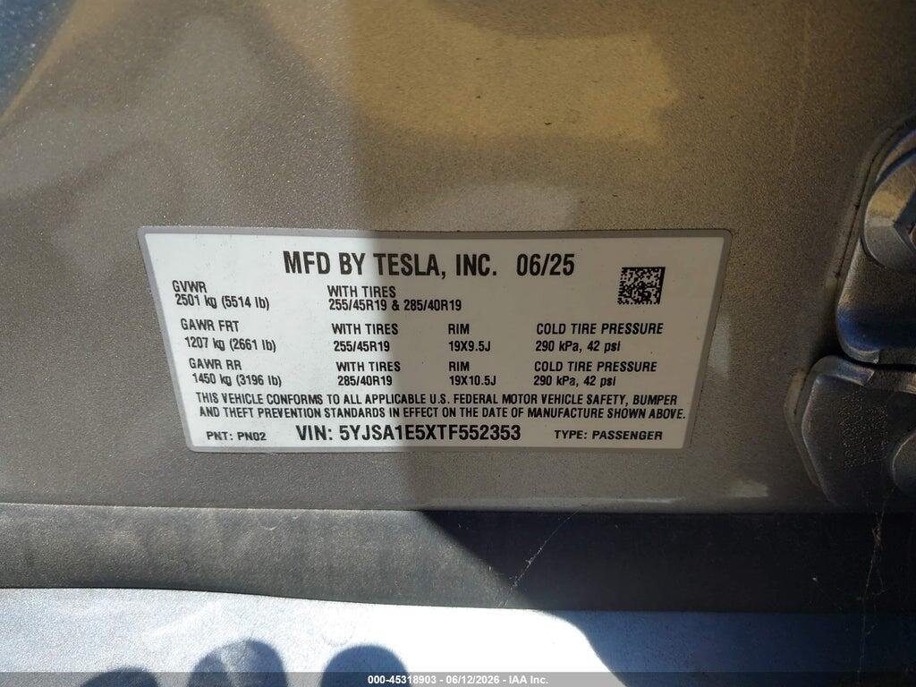 5YJSA1E5XTF552353 2026 TESLA MODEL S photo no. 9