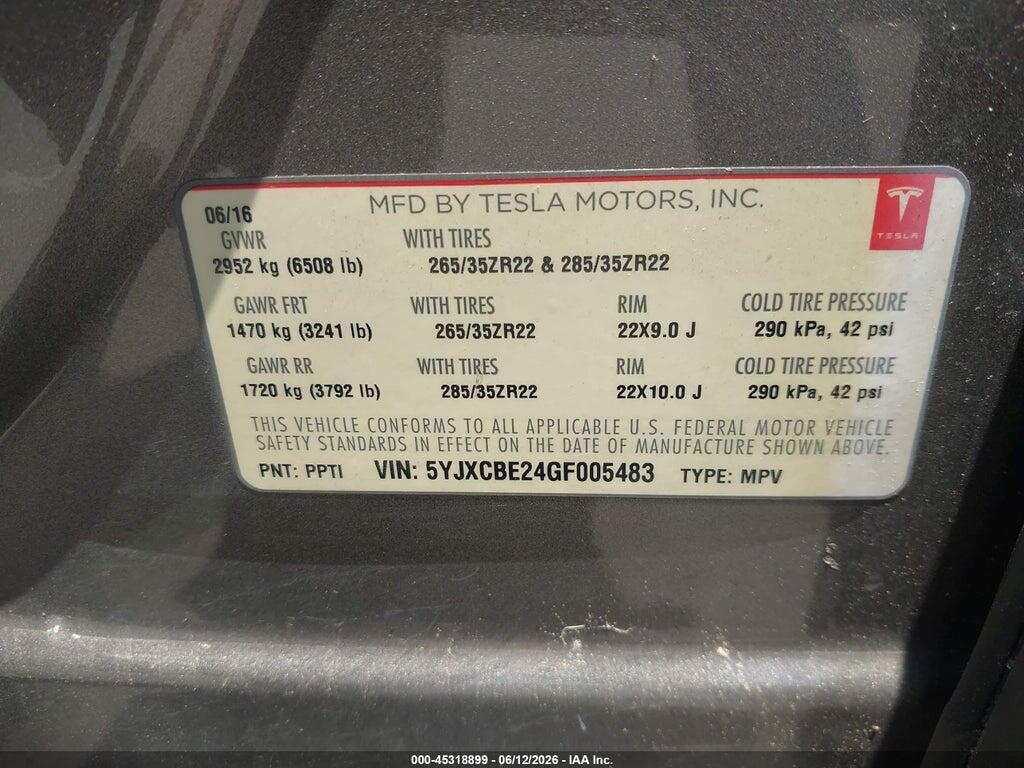 5YJXCBE24GF005483 2016 TESLA MODEL X photo no. 9