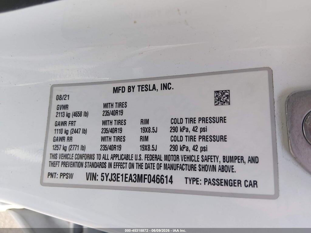 5YJ3E1EA3MF046614 2021 TESLA MODEL 3 photo no. 9