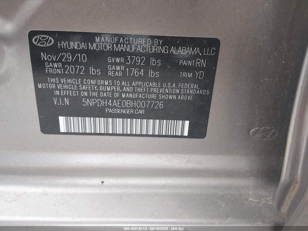 5NPDH4AE0BH007726 2011 HYUNDAI ELANTRA photo no. 9