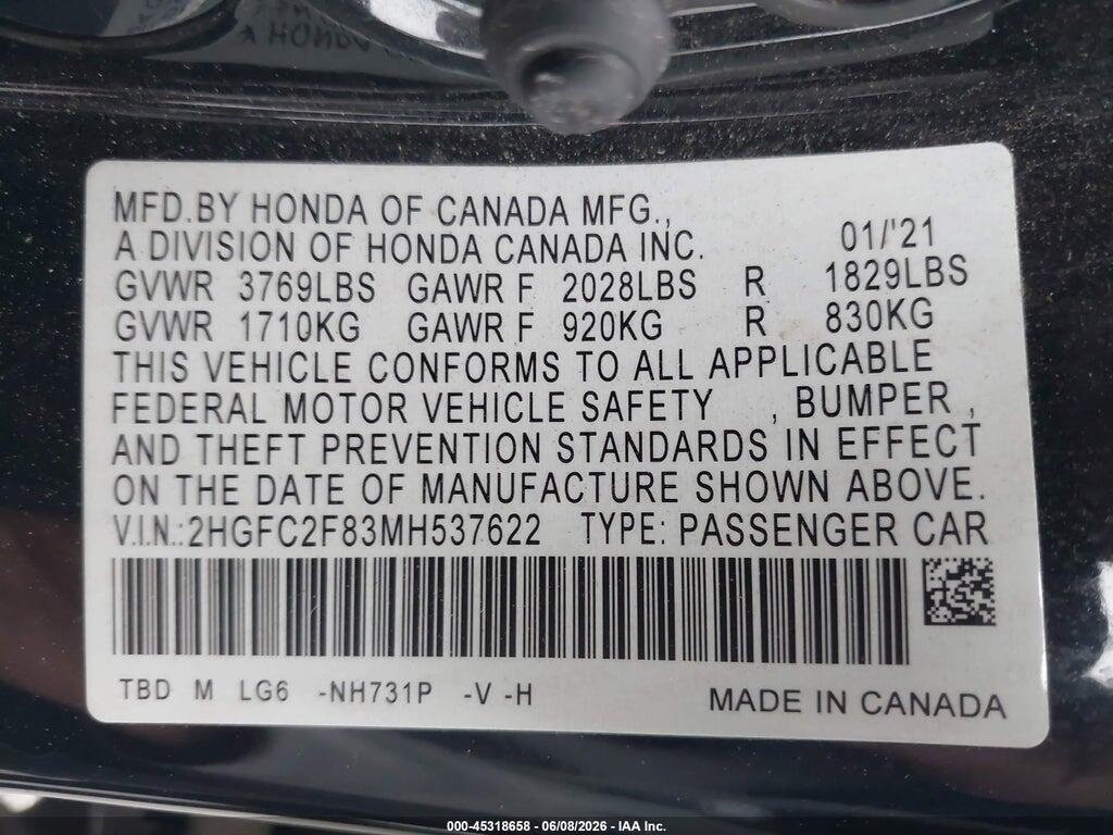 2HGFC2F83MH537622 2021 HONDA CIVIC photo no. 9