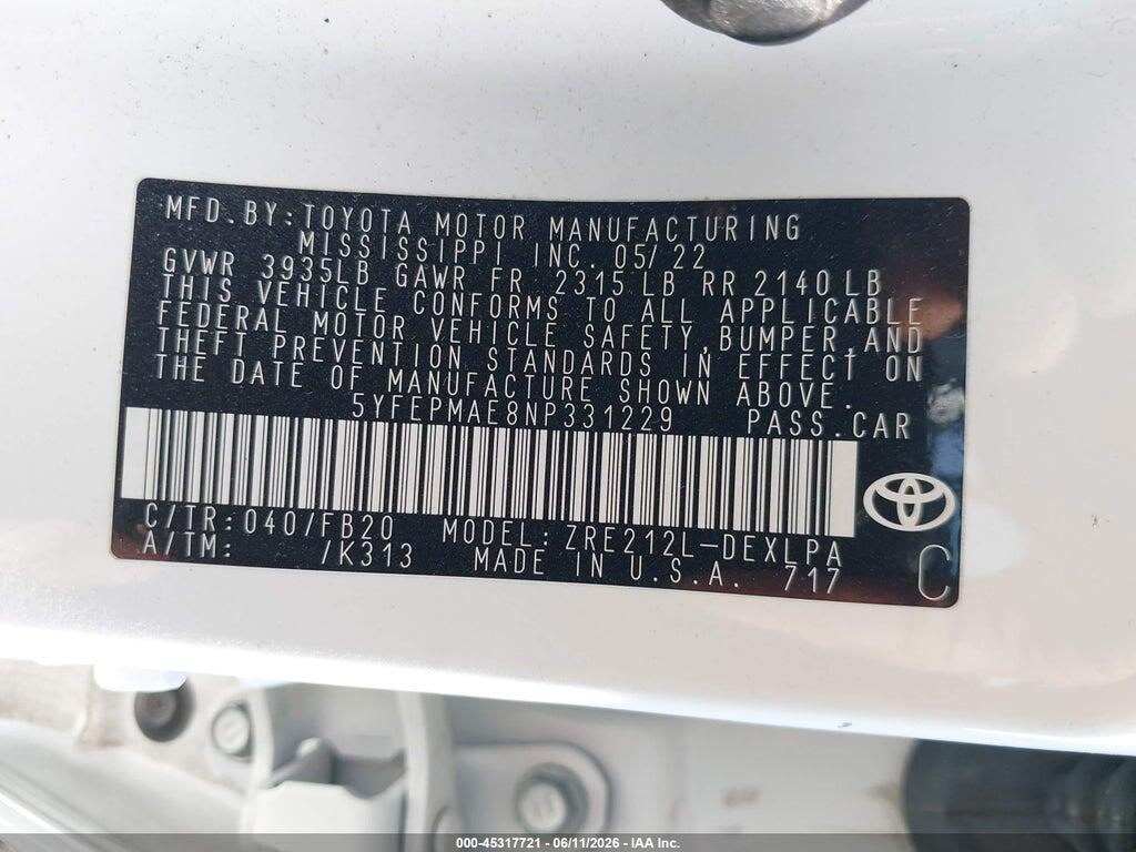 5YFEPMAE8NP331229 2022 TOYOTA COROLLA photo no. 9