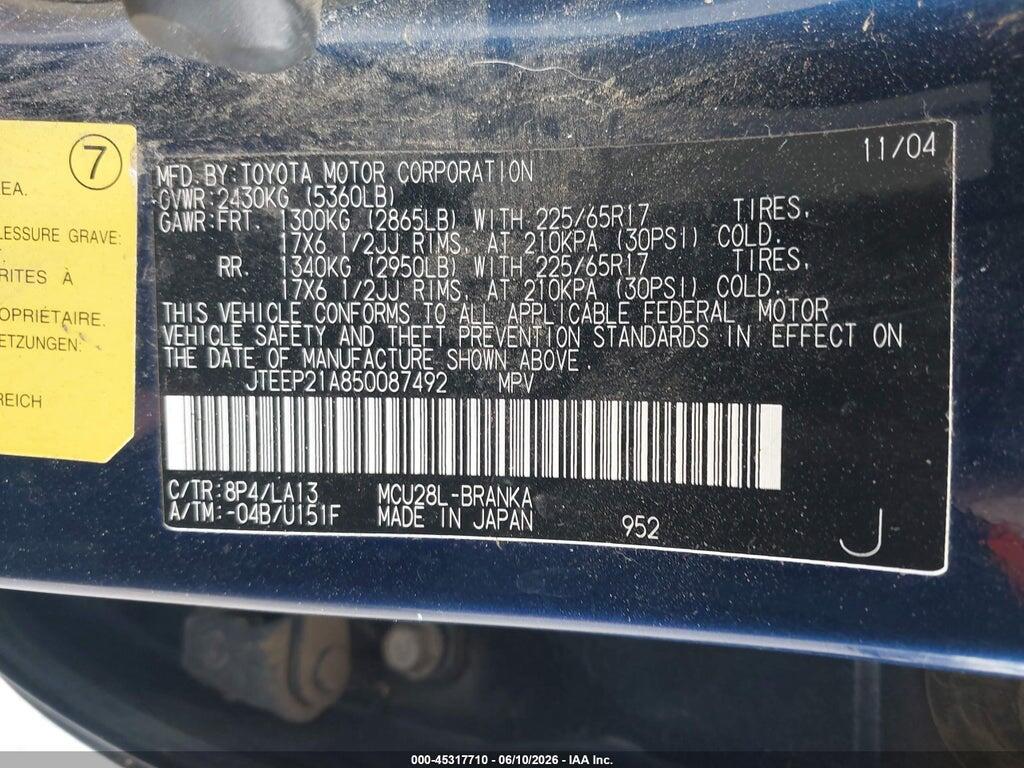 JTEEP21A850087492 2005 TOYOTA HIGHLANDER photo no. 9