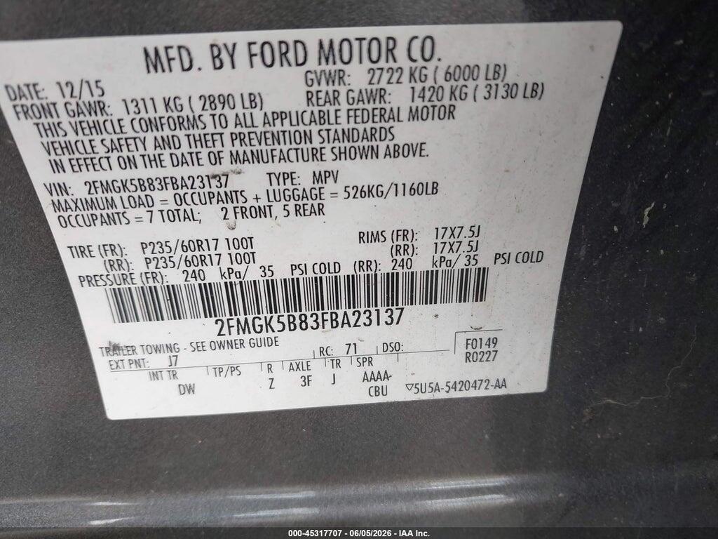 2FMGK5B83FBA23137 2015 FORD FLEX photo no. 9