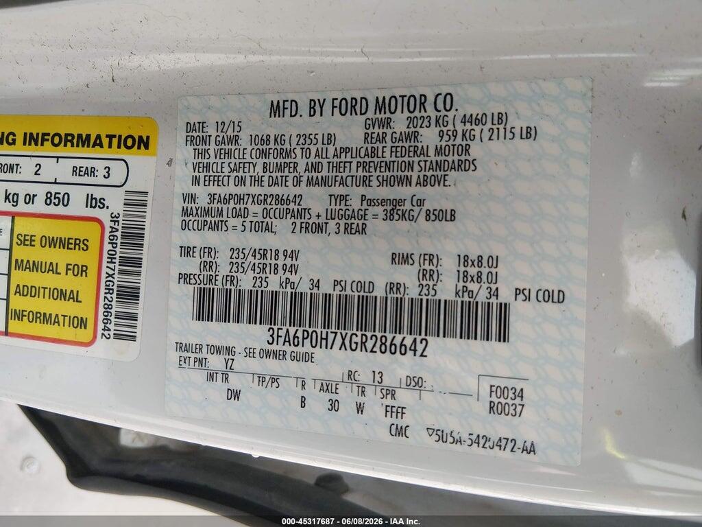 3FA6P0H7XGR286642 2016 FORD FUSION photo no. 9