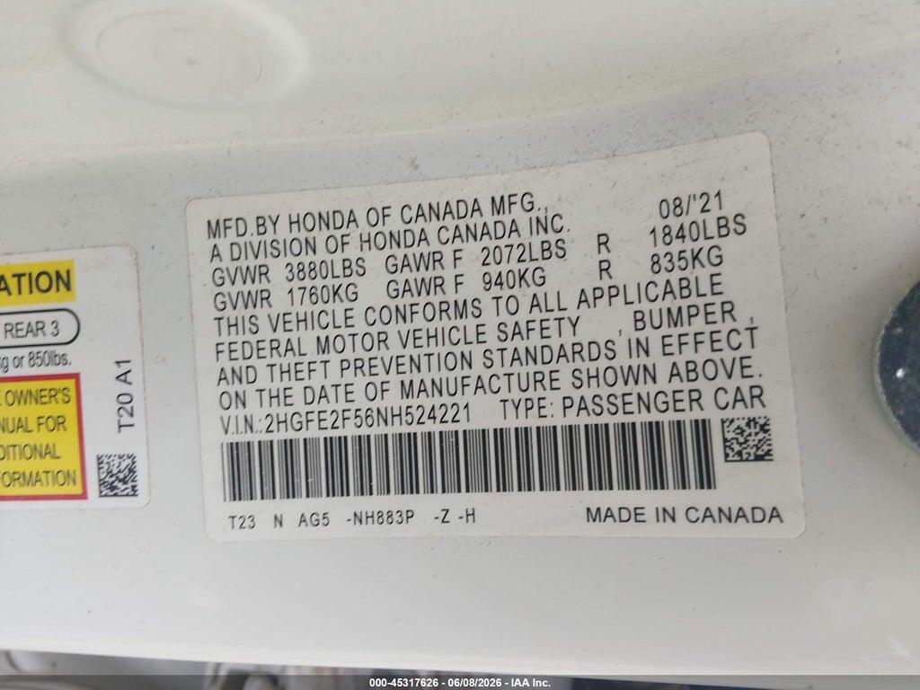 2HGFE2F56NH524221 2022 HONDA CIVIC photo no. 9