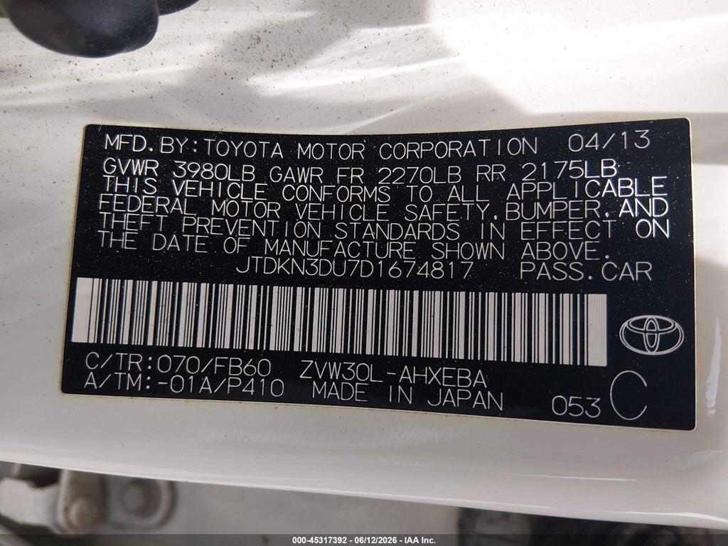JTDKN3DU7D1674817 2013 TOYOTA PRIUS photo no. 9