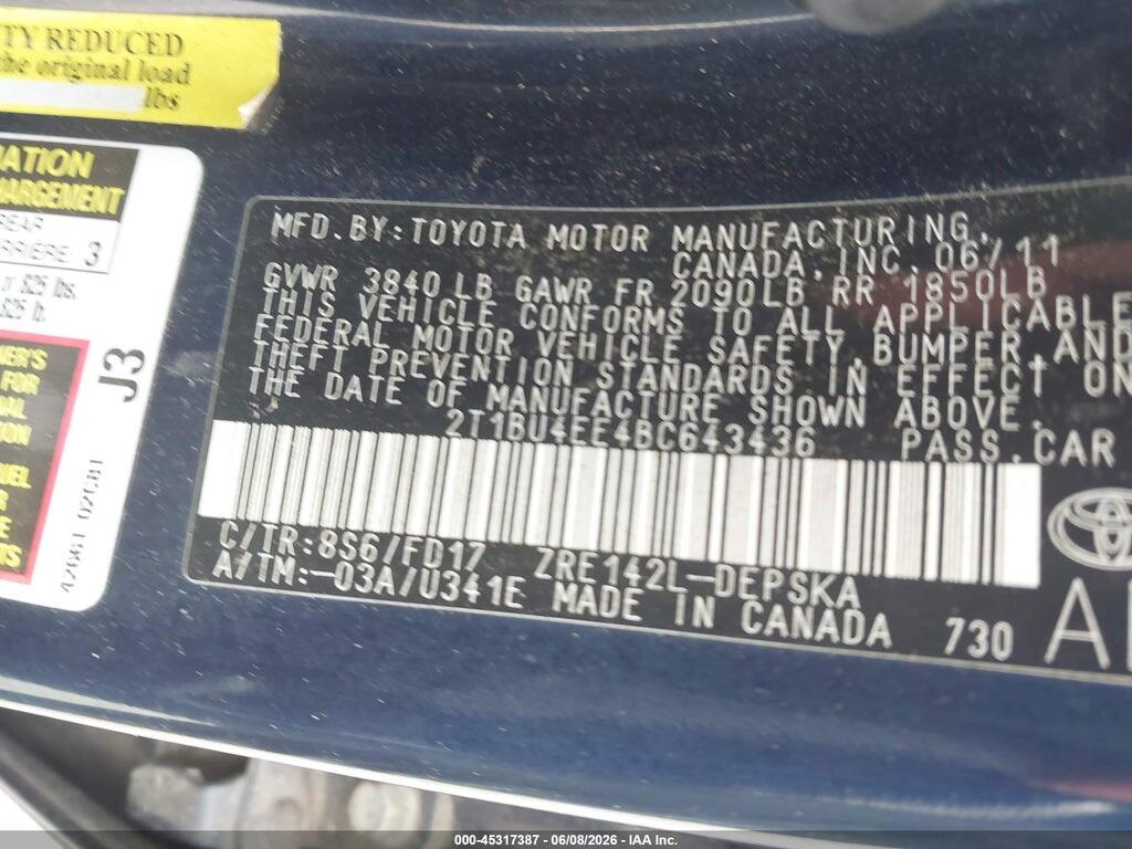 2T1BU4EE4BC643436 2011 TOYOTA COROLLA photo no. 9