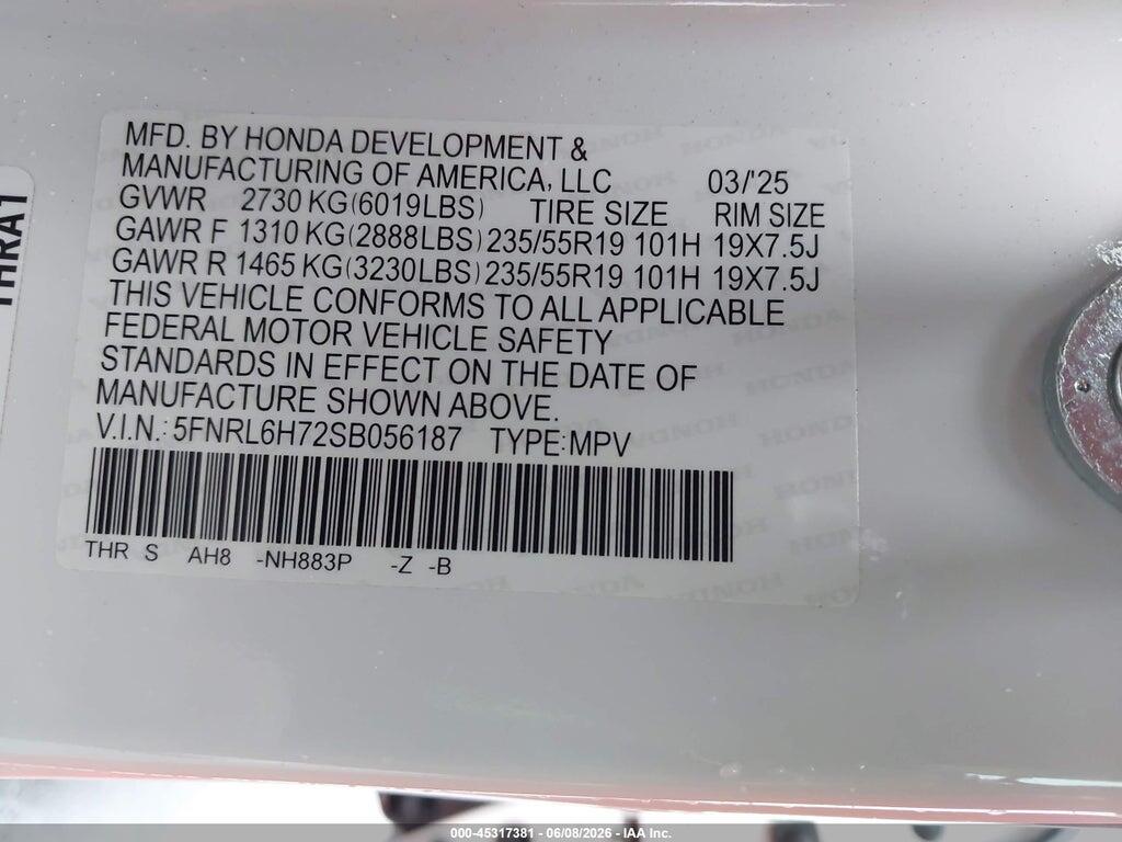 5FNRL6H72SB056187 2025 HONDA ODYSSEY photo no. 9