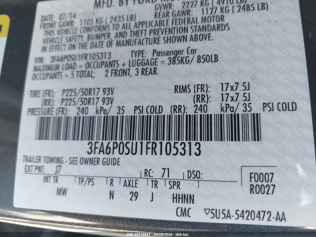 3FA6P0SU1FR105313 2015 FORD FUSION ENERGI photo no. 9