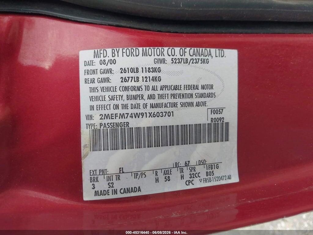 2MEFM74W91X603701 2001 MERCURY GRAND MARQUIS photo no. 9