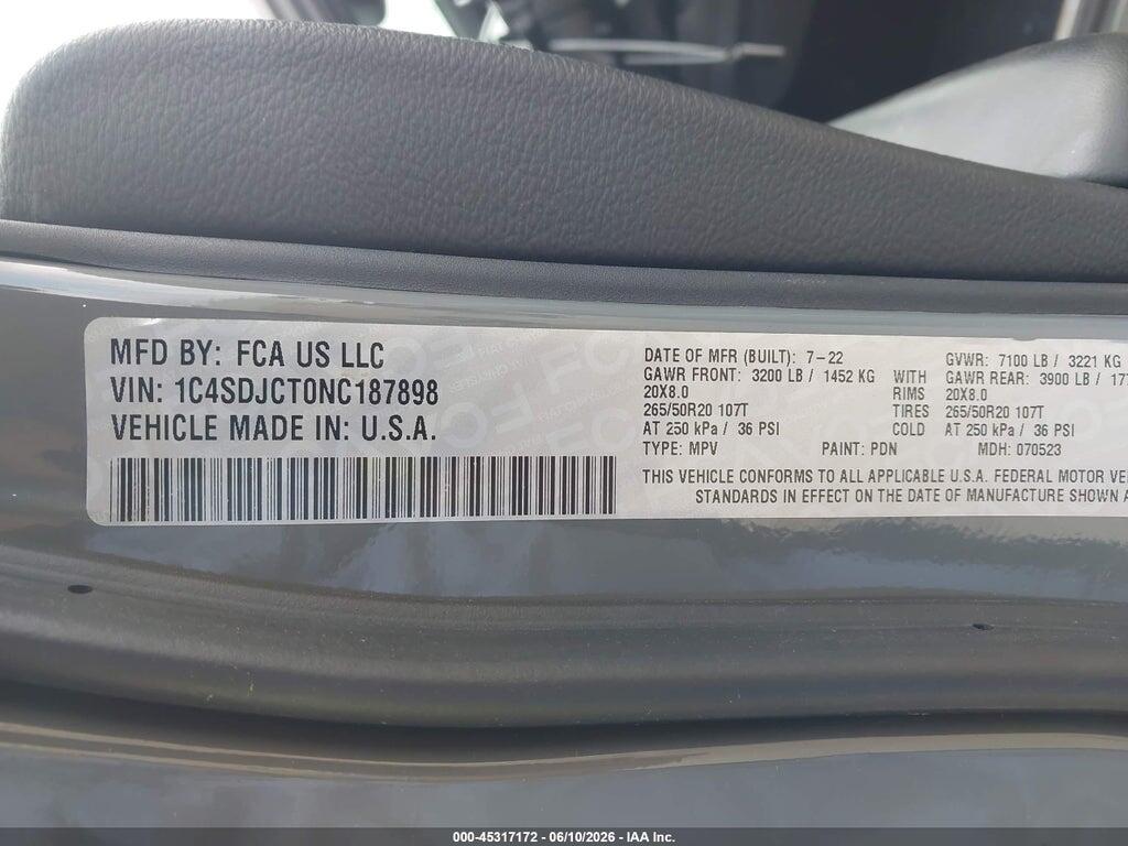 1C4SDJCT0NC187898 2022 DODGE DURANGO photo no. 9